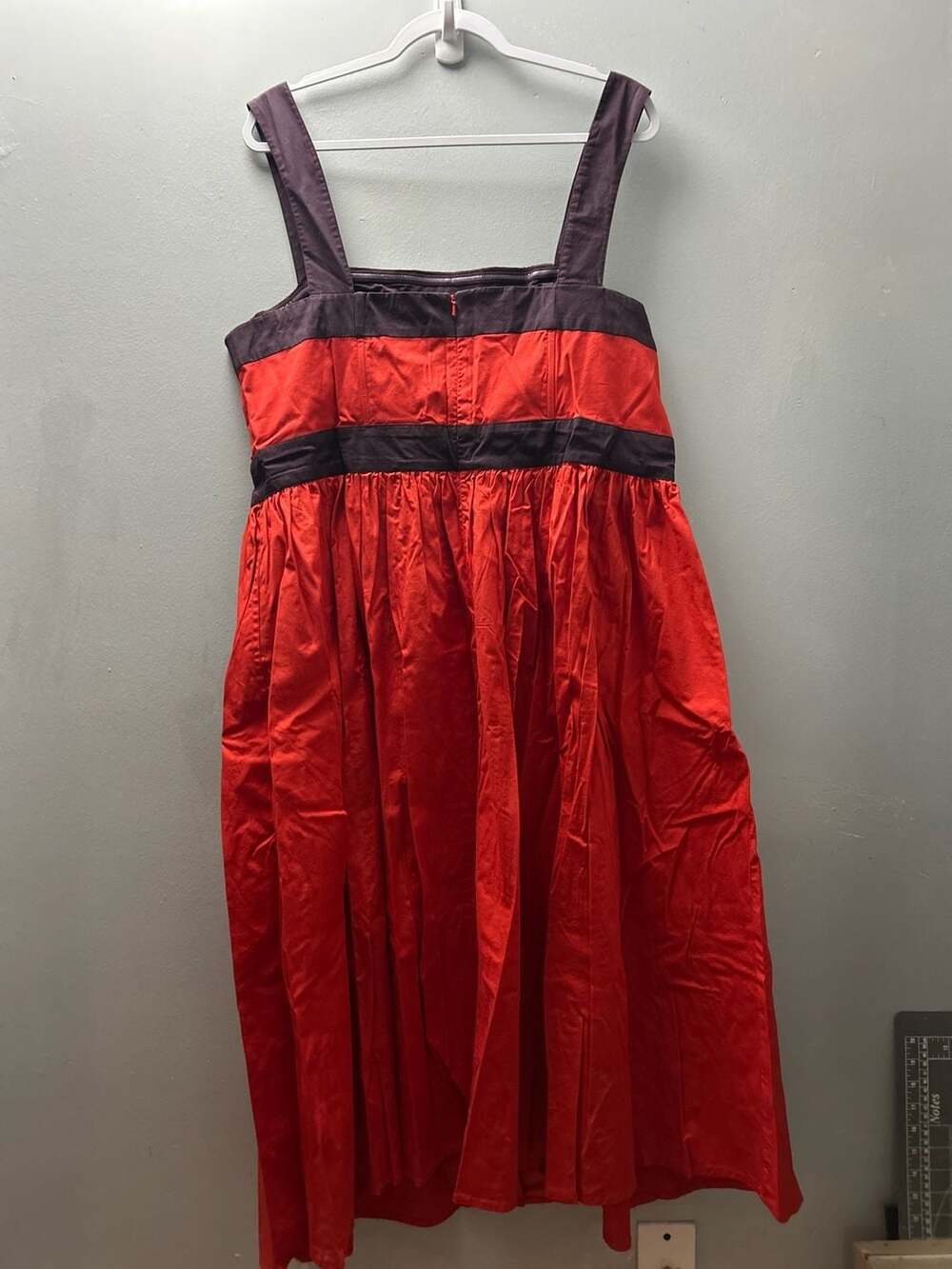 eShakti Red and Black Colorblock Cotton Poplin Button-Front Midi Dress - Picture 3 of 3